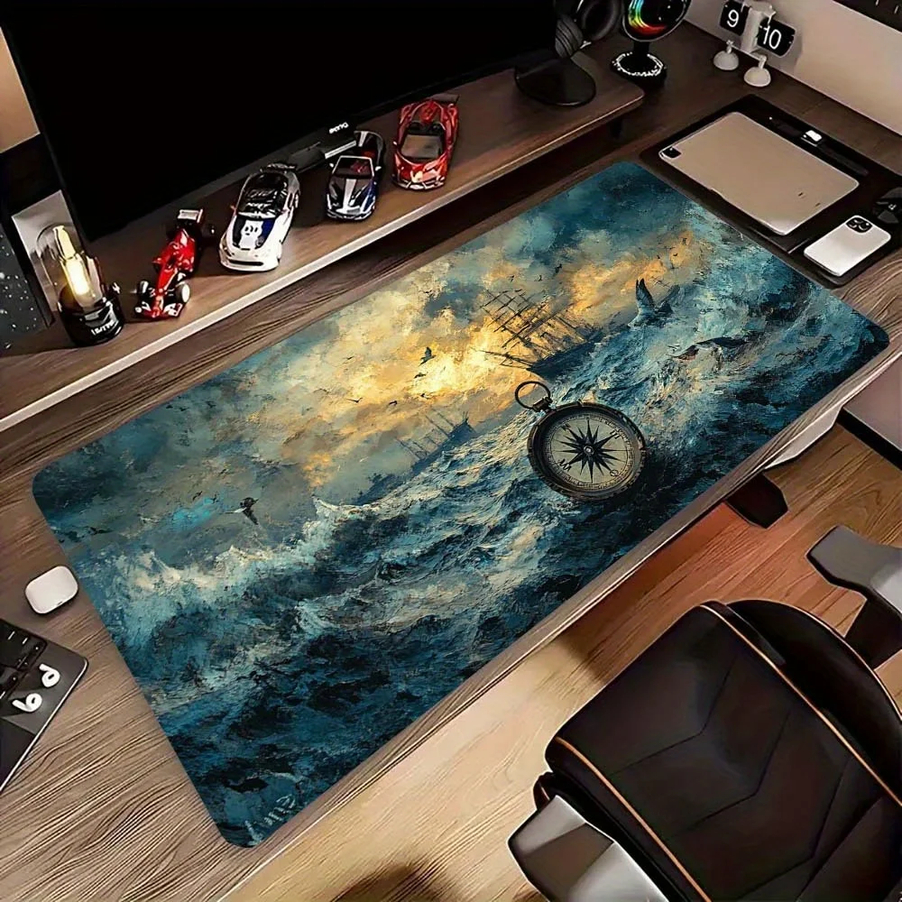 Oil Painting Style Sailing Era Sailboat and Compass Pattern Gaming Mouse Pad for Laptop Desktop Stitched Keyboard Desk Mat