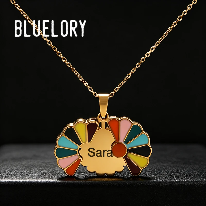 Bluelory Custom Text Openable Rainbow Daisy Locket Necklace Stainless Steel Colorful Enamel Flower Pendant Personalized Jewelry
