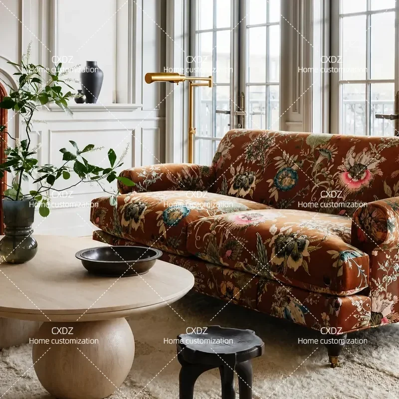 Pastoral Living Room Straight Three Seater Antique Sofa British Retro Flannel Printed Fabric Couch