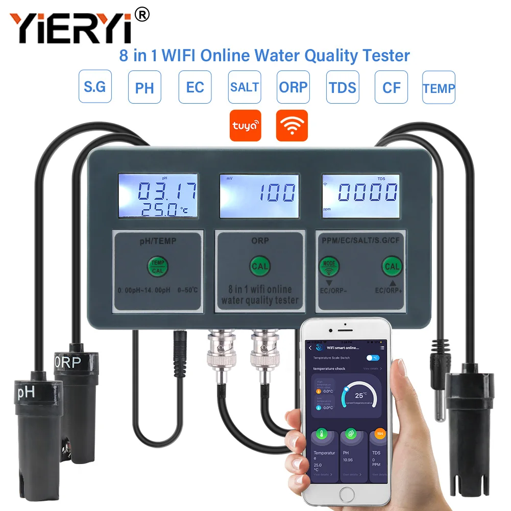 Yieryi WiFi Tuya Smart PH ORP TDS EC SALT S. Medidor de Monitor G TEMP CF, probador de calidad del agua de acuario en línea, controlador de registrador de datos