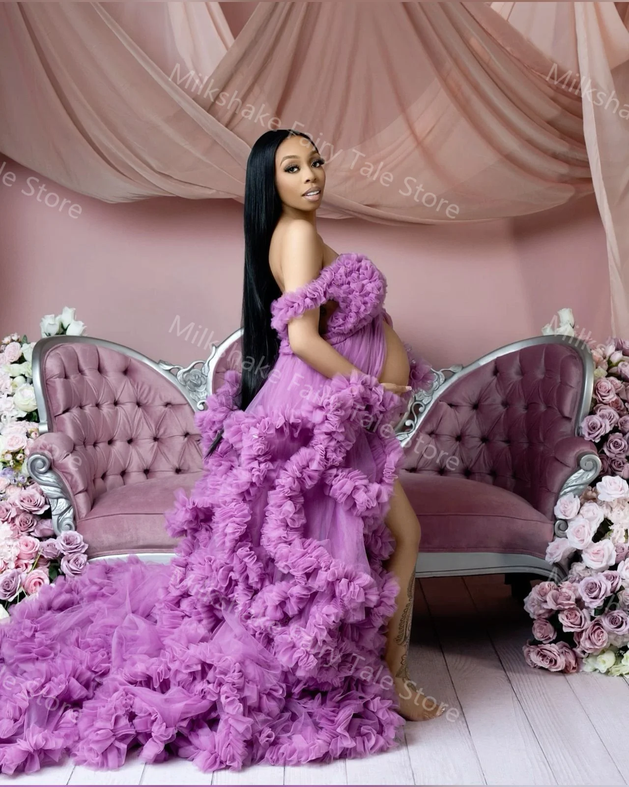 Glamorous Purple Maternity Robes for Photoshoot Tiered Ruffles Tulle Pregnant Women Dresses Sexy Front Split Baby Shower Gowns image 3