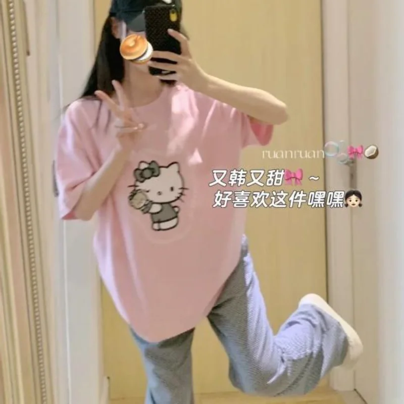 

Футболка Sanrio Hello Kitty в корейском стиле с короткими рукавами, повседневная одежда унисекс с героями мультфильмов, модная одежда, распродажа, новые модные топы