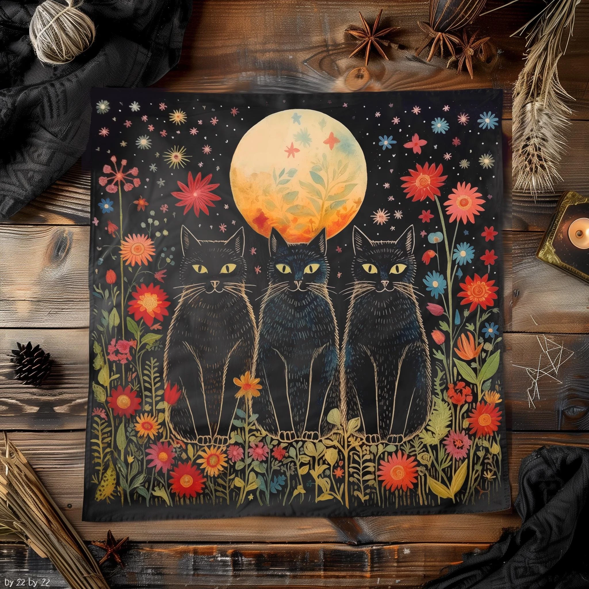 Mystical Black Cat Moon Flower Tarot Tablecloth, Witchy Altar Cloth for Divination Meditation Home Decor