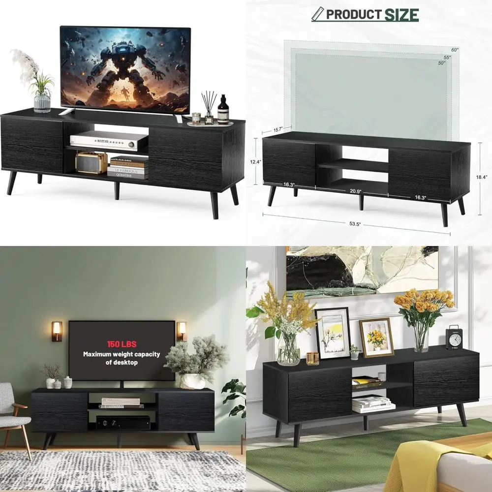 Modern Black Wood TV Stand for 55-60 Inch TVs - Storage Entertainment Center for Bedroom or Office Living Spaces