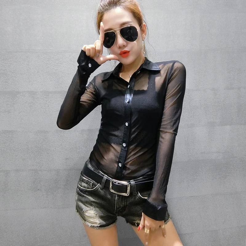 MadBlack New Spring Women\'s Long Sleeve Transparent Shirts Autumn Mesh Blouses Women Diamonds Button Up Tight  Tops 2023 T33020X