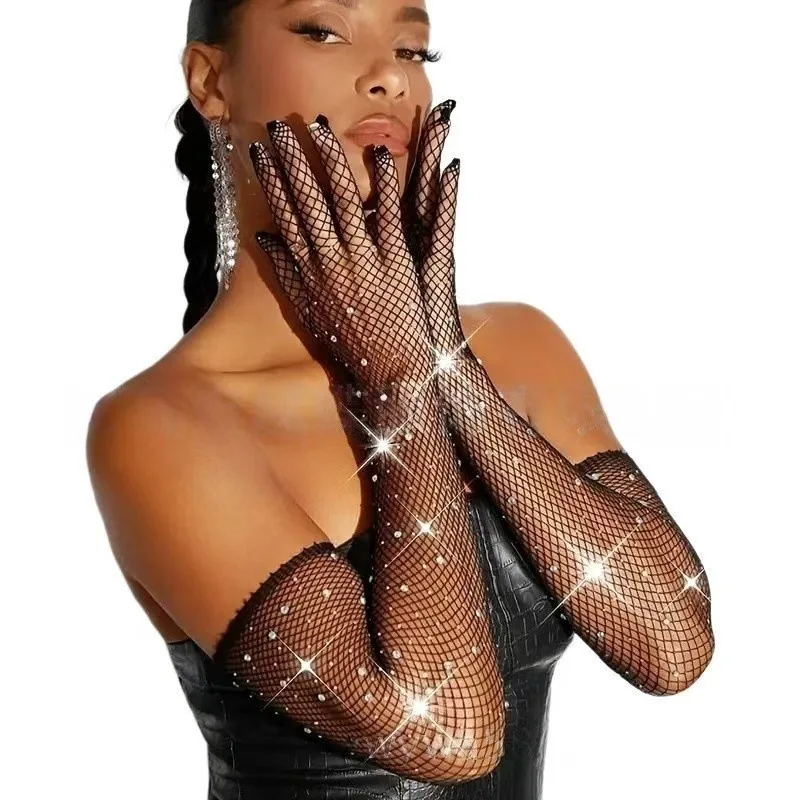 Black Crystal Mesh Gloves Elastic Sparkling Fashion Party Dance Mittens Photo Accessory For Women Trendy Elegant Prom Gloves