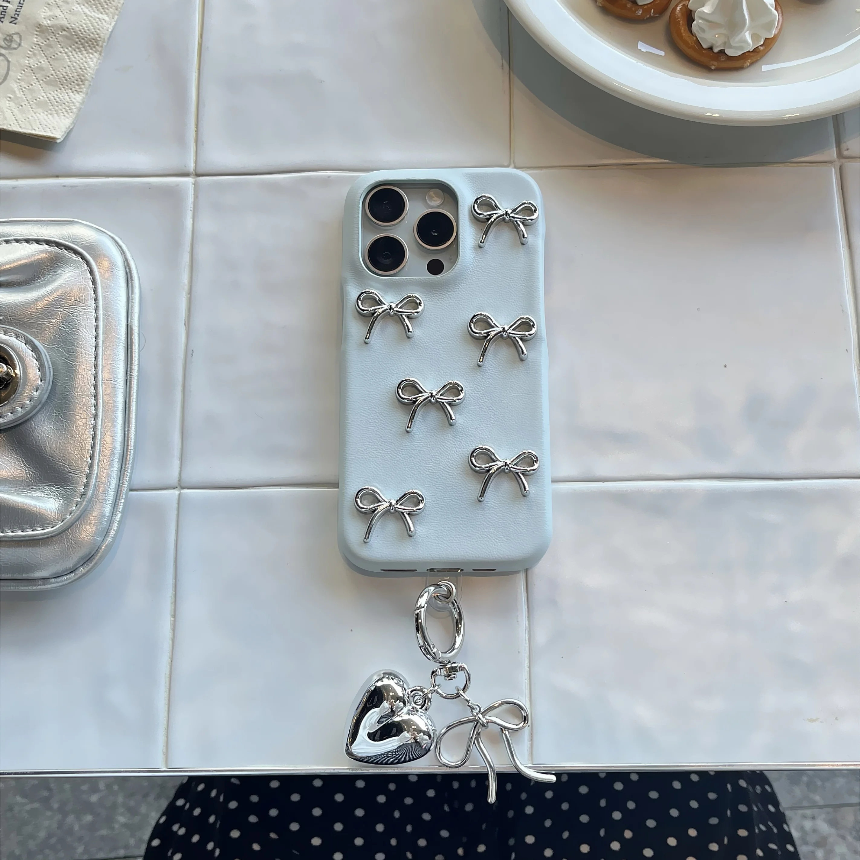 الأزرق الجلود الاصطناعية 3D Bowknots مع القلب استرخى جرلي جراب هاتف آيفون 16 15 14 13 برو ماكس غطاء الهاتف الخلفي كابا #1