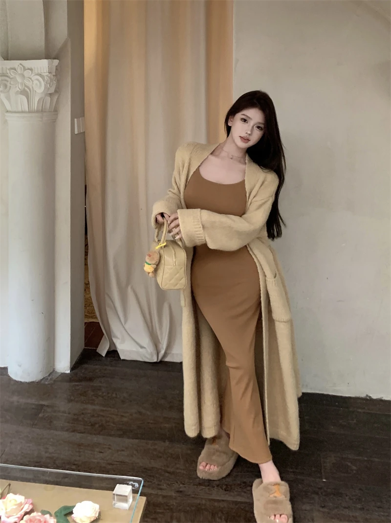 

Women's Long Sleeve Sweater Jacket Loose Fit Winter Outfit Slimming Bodycon Dress Two Piece Set High Waist V Neck Commute Style