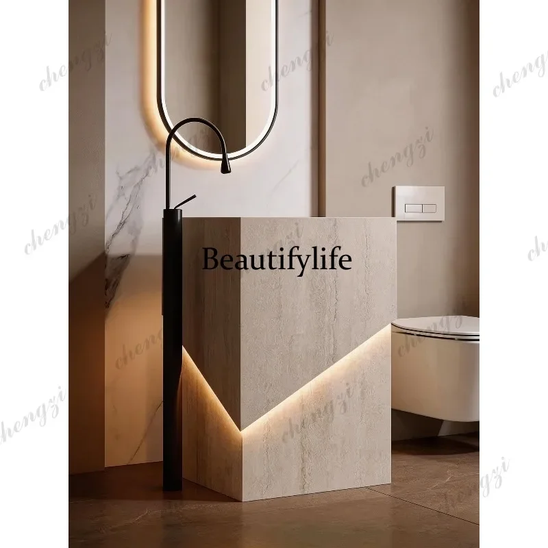 NQ52 Customized hotel villa outdoor travertine rock slab column basin outdoor courtyard integrated floor-to-ceiling washbasin