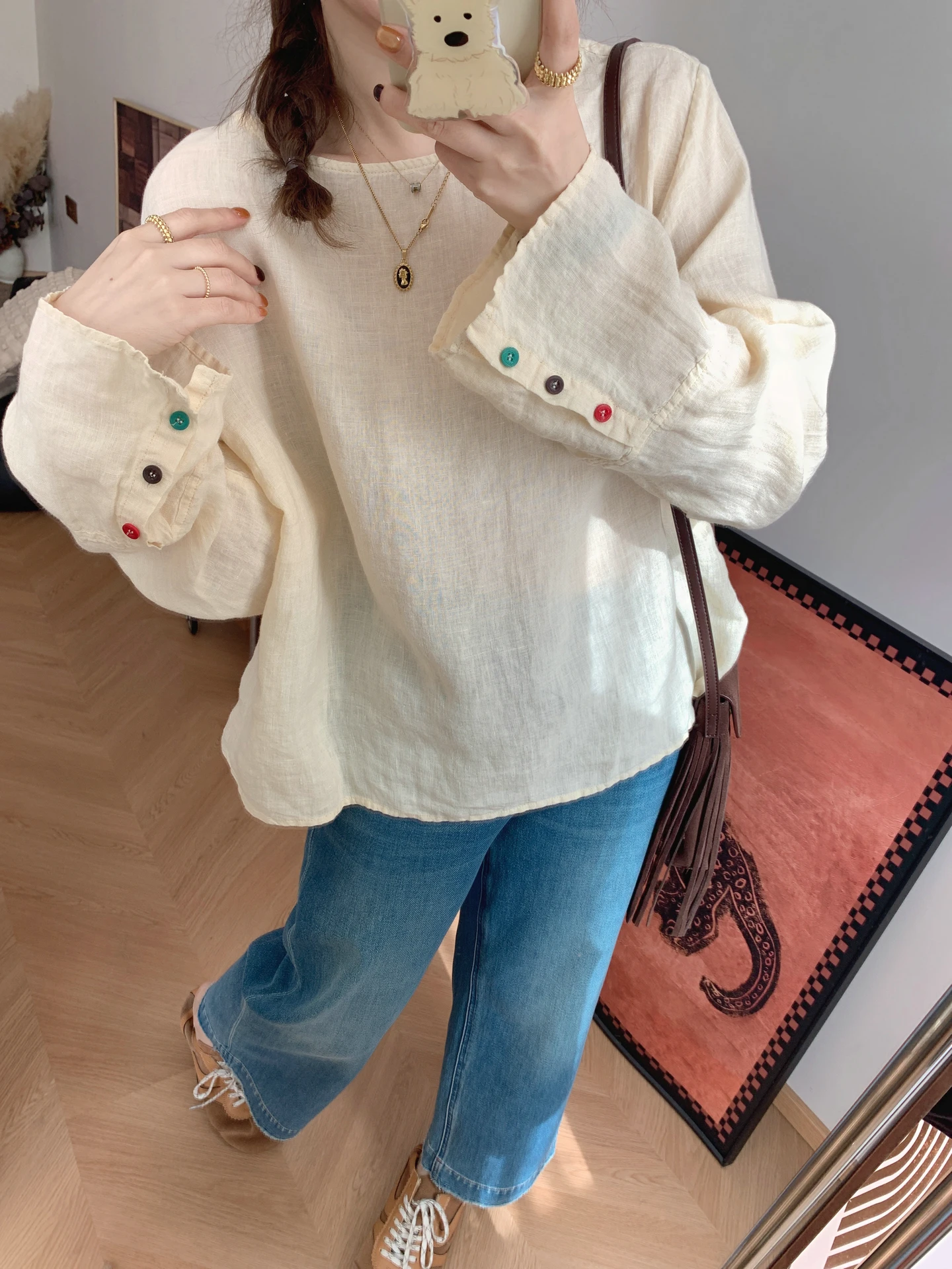 

Художественный льняной топ свободного кроя с длинными рукавами и круглым вырезом для женщин, защита от солнца, весна-лето, новая дизайнерская модель