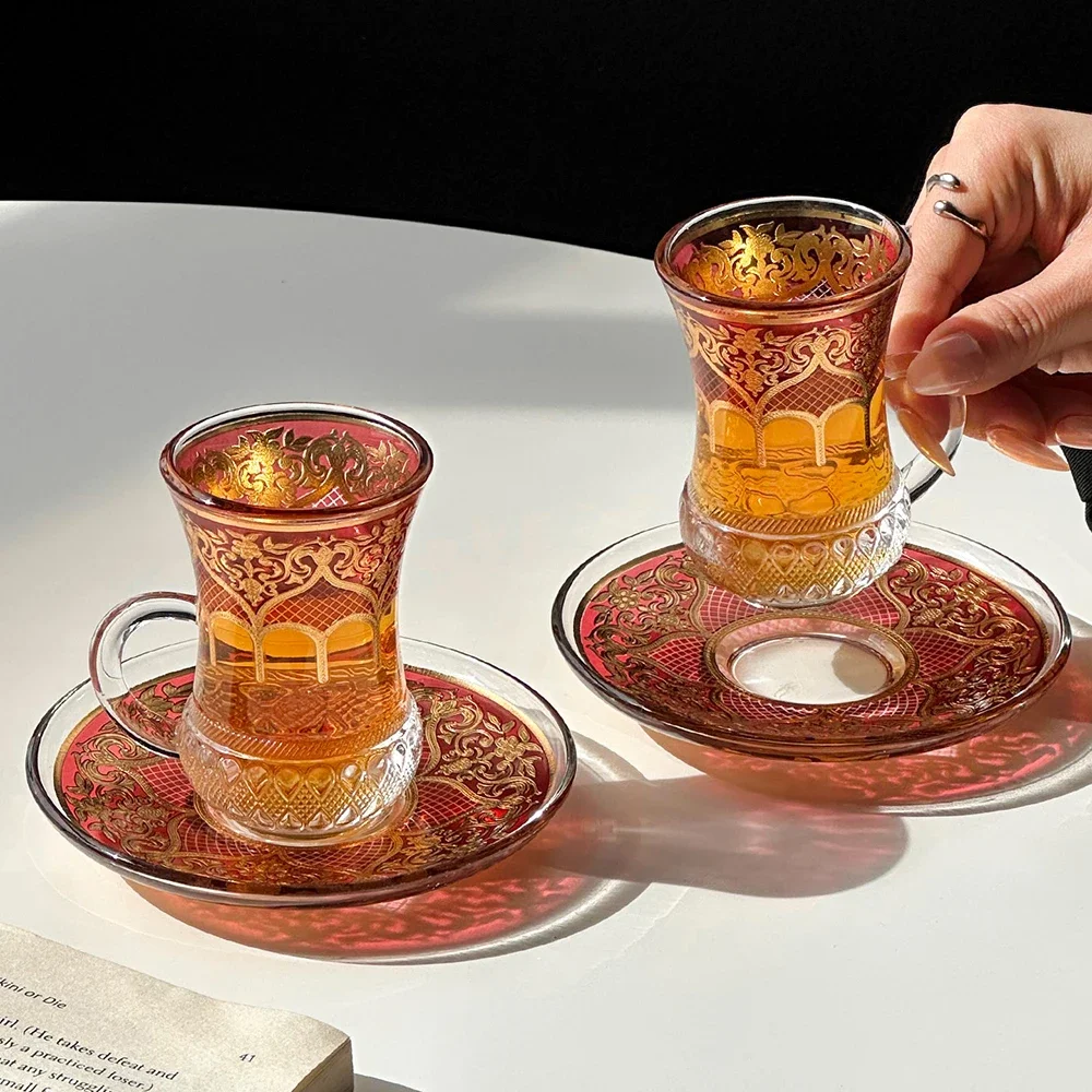 Retro Turkish Coffee Cup, Exotic Glass Black Tea Cup, Household Cafe Pyrography Coffee Mug and Saucer Set, 80ml view 3