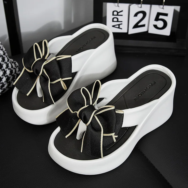 Fashion Bowknot Wedge Flip Flops Women Super High Heels Thick Bottom Eva Slippers Woman Summer Clip Toe Chunky Platform Sandals