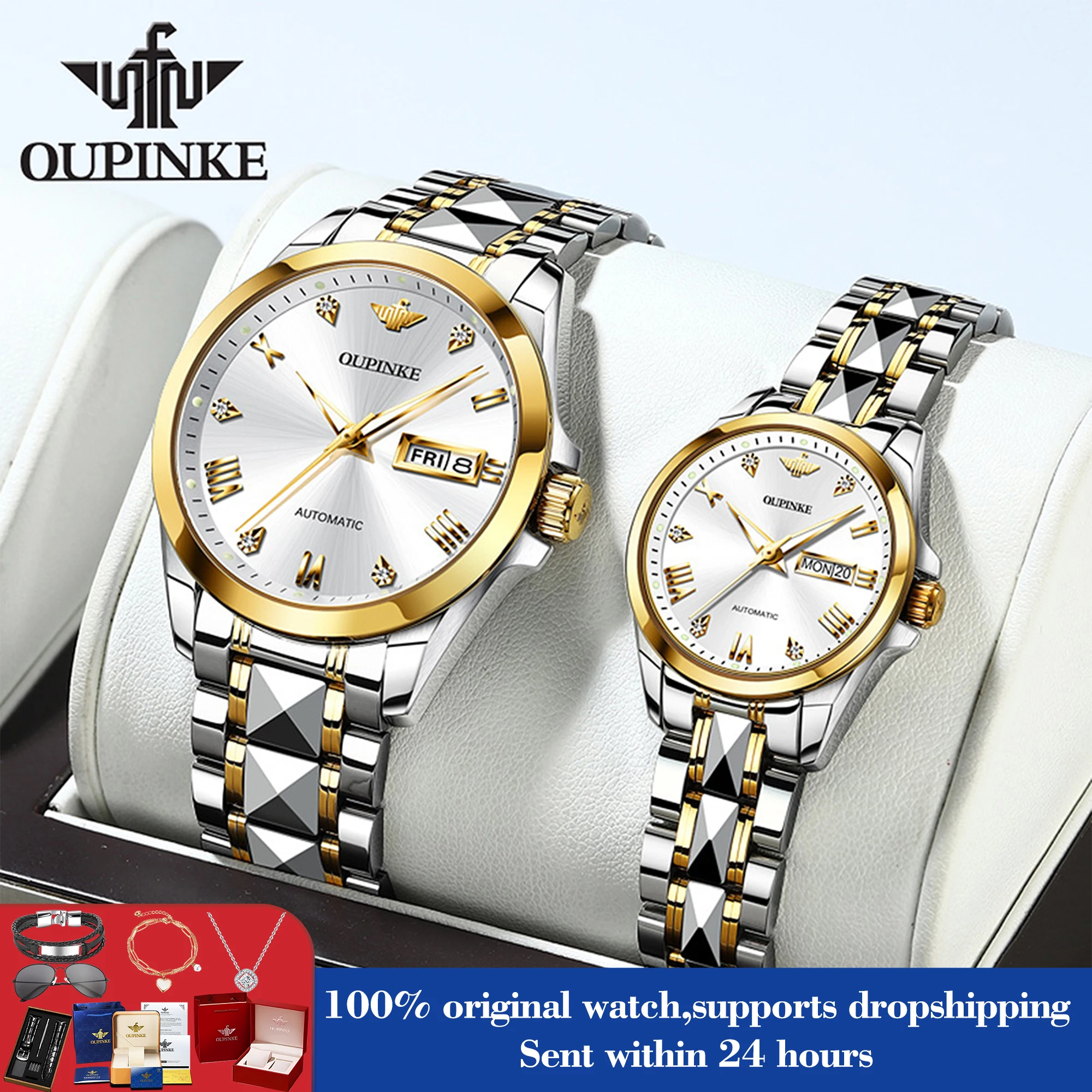 OUPINKE 3171 Automatic Watch For Men Women Luxury Mechanical Couple Watches Dual Calendar Hand Clock Synthetic Sapphire Mirror