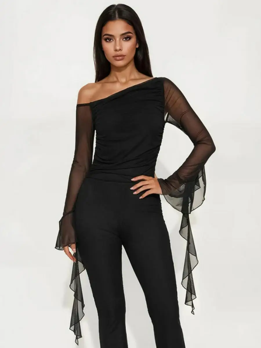 

New QJP255 Women's Long Sve Long One-Piece Suit Pure Color Slim Fit Bal Belted Sa Autumn Faion Low Waist Trousers