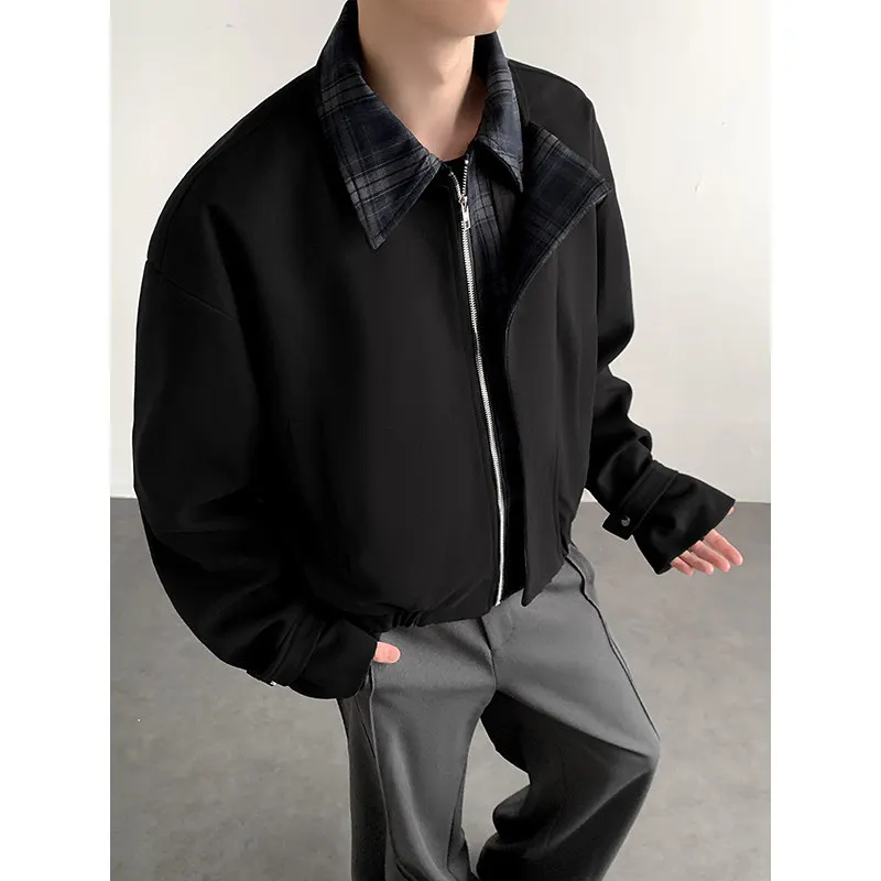 

Korean Sle ort Plaid Patchwork oulder Pad Men's Vintage Jaet Casual Loose Fit Autumn Spring Seasonal Outerwear