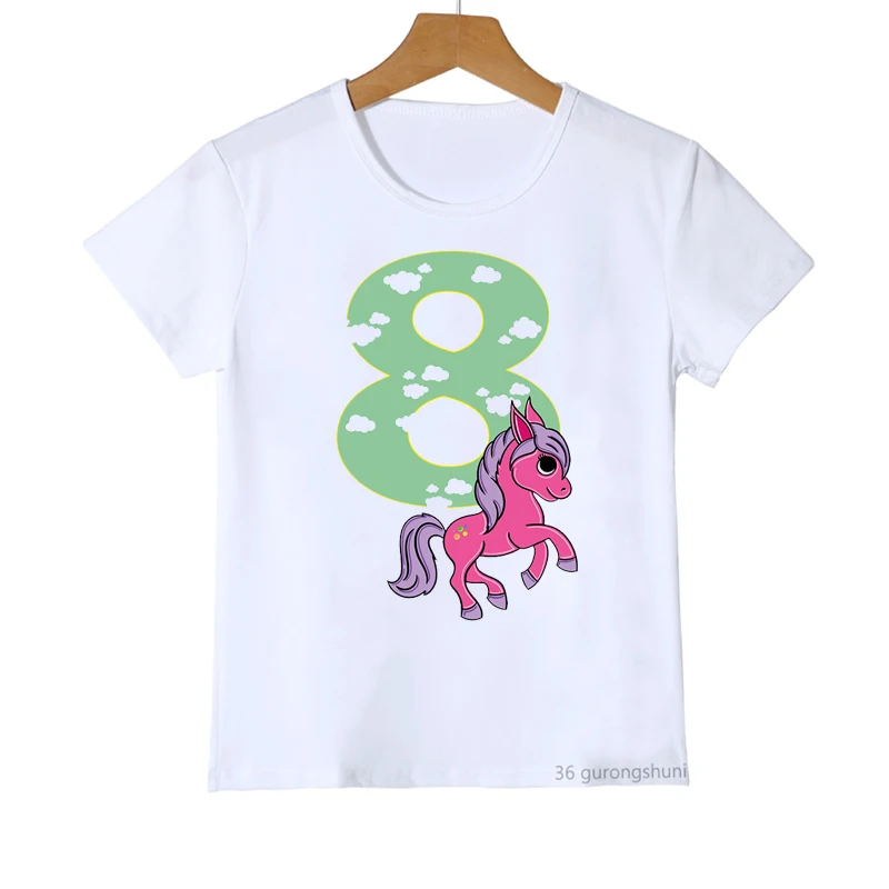 Newly Girls Tshirt Cute Horse Rainbow Birthday Number 2-9th Cartoon Girls Clothes Summer Children'S Clothing Shortsleeved Tshirt