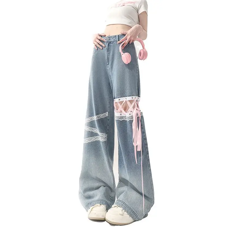 Lace Hollow Out Strap Wide Leg Jeans High Waisted Loose Floor Pants 2024 New Autumn Fashion Thin Women's Straight Leg Pants