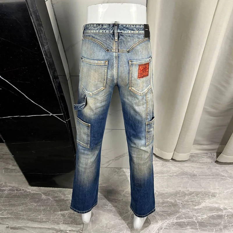 Slim Fit Nostalgic Stretch Men's Jeans High Street Designer Washed Blue Hip-Hop Brand Fashionable Patch Detail