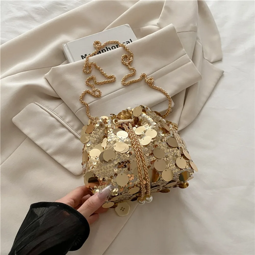 Mini Shiny Evening Banquet Bag Blingbling Handbag Tassel Crossbody Bag Small Purse Glitter Mini Bucket Bag Women