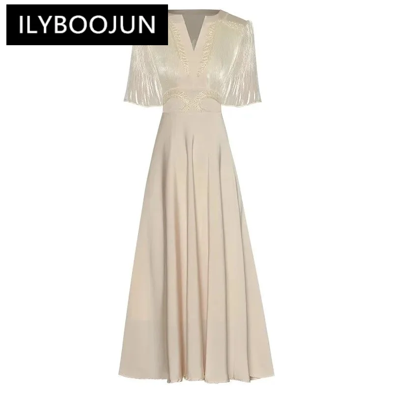 ILYBOOJUN Fashion dress Summer Women's Dress Ruched Flare Sleeve Beading V-neck Elegant S-XXL Midi Dresses