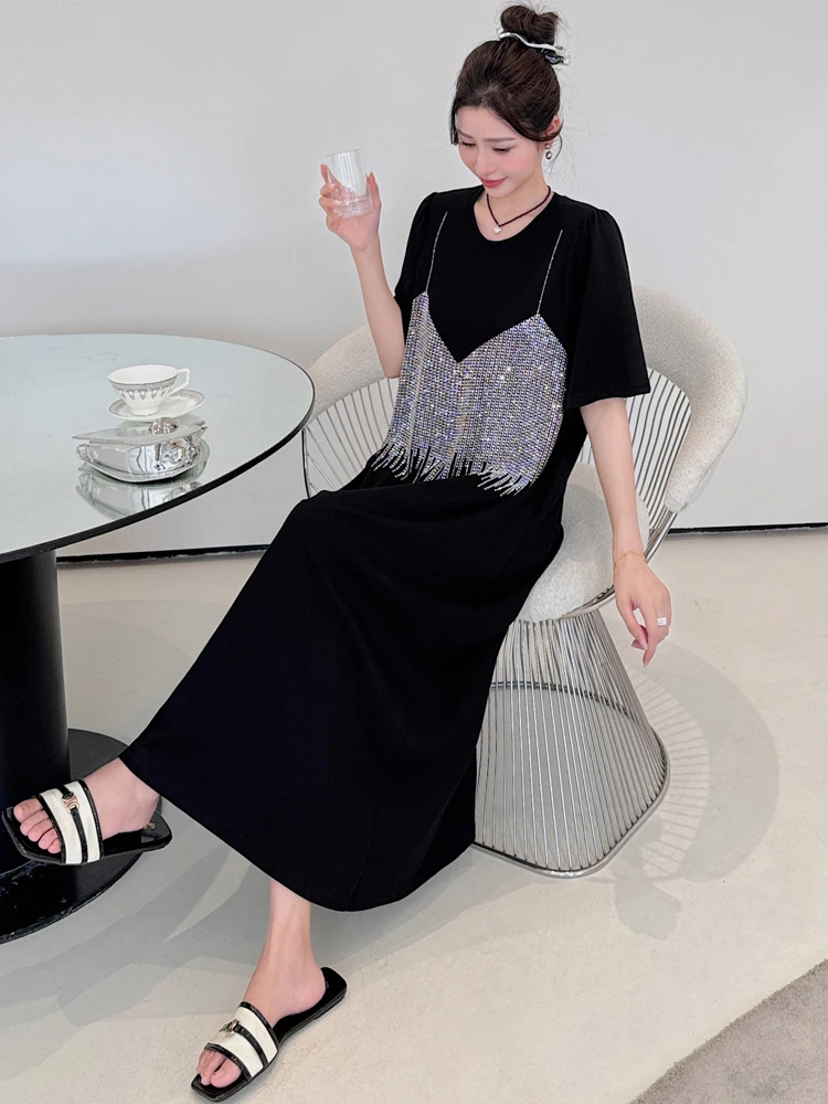 NYFS 2024 Letnie nowe sukienki koreańskie dla kobiet Vestidos Robe Elbise Loose Plus Size Diamonds Short Sleeve Long Dress