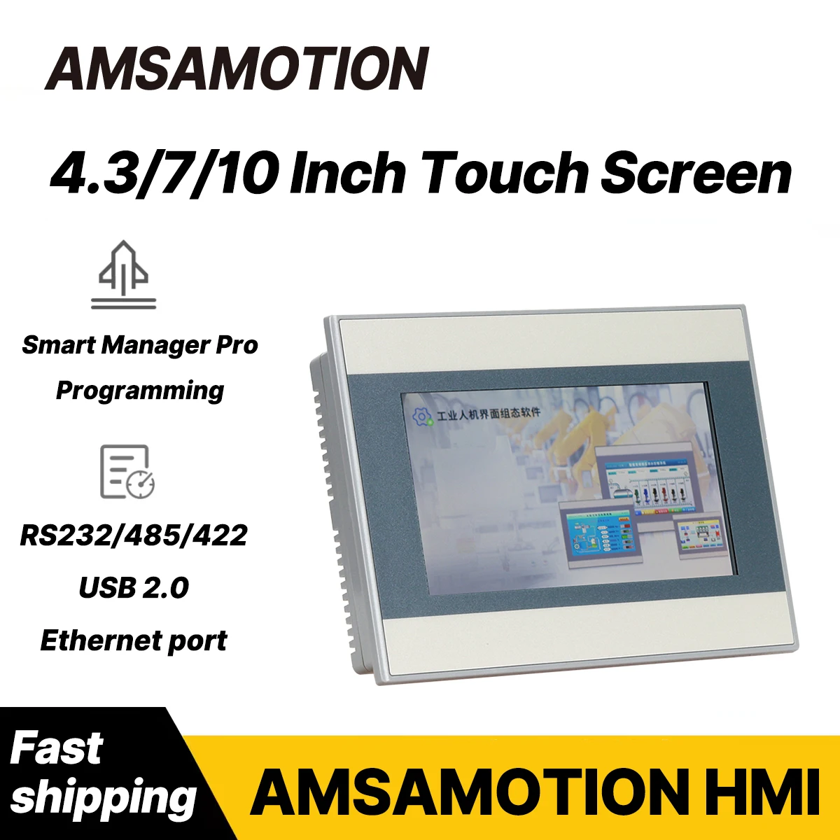 AMSAMOTION HMI Touch Screen 4.3 7 10 Inch Ethernet Port LCD Panel Compatible with Delta Siemens Mitsubishi Omron Xinje PLC
