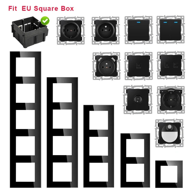 TODSDOT wall-mounted module diy EU standard wifi switch socket combo black glass panel button function free combination 220v