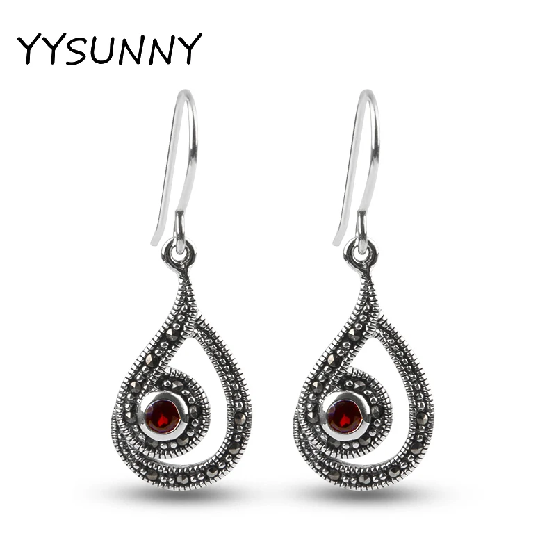 

YYSUNNY Retro S925 Sterling Silver Water Drop Shaped Earrings for Women Inlaid with Garnet Fine Jewelry Wedding Party Gift