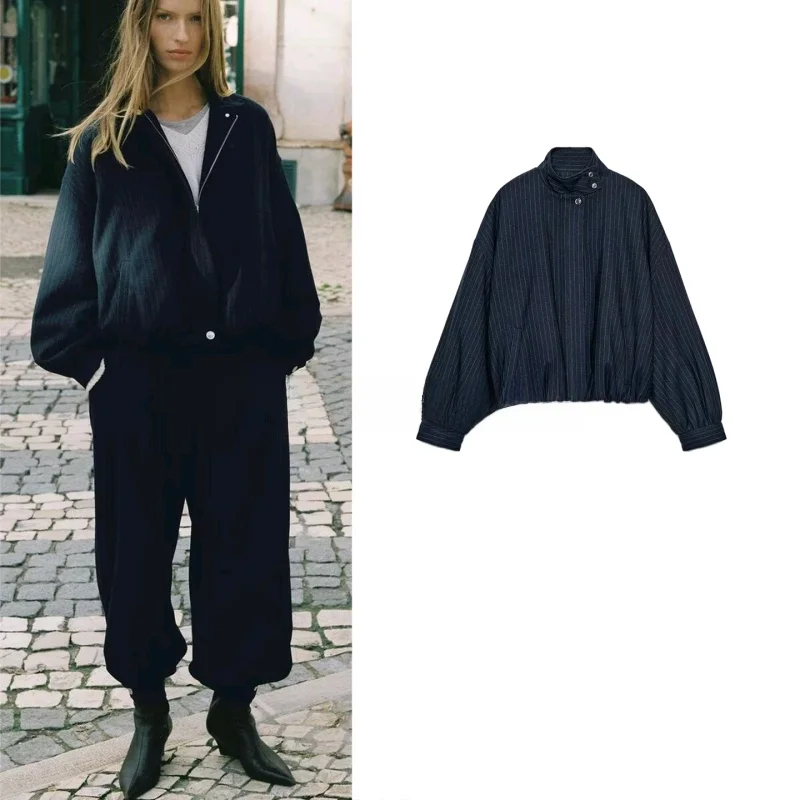 

Winter New Women's Pilot Jaet Coat Long Sve Stand Collar Striped Outerwear with ket Trim Casual Sle Zipper Closure ...