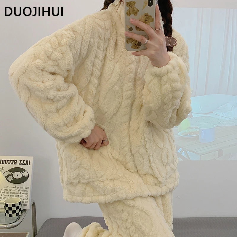 DUOJIHUI Simple 7-colors Zipper Pullover Loose Pajamas for Women Winter Thick Warm Simple Pure Color Fashion Female Pajamas Sets