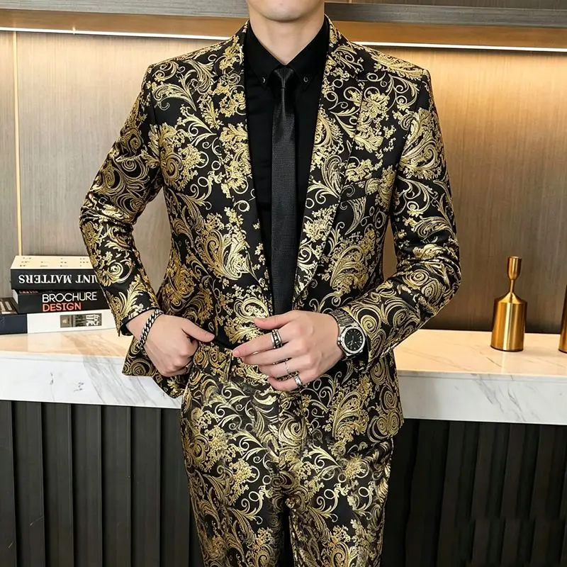 Herrenanzüge, modische Anzüge für Hochzeiten, lässige Slim-Fit-Anzüge, Friseuranzüge, Herrenanzüge im koreanischen Stil, Anzüge für Bankette, Business-Anzüge, Goldprägung, Anzüge – Detail 14