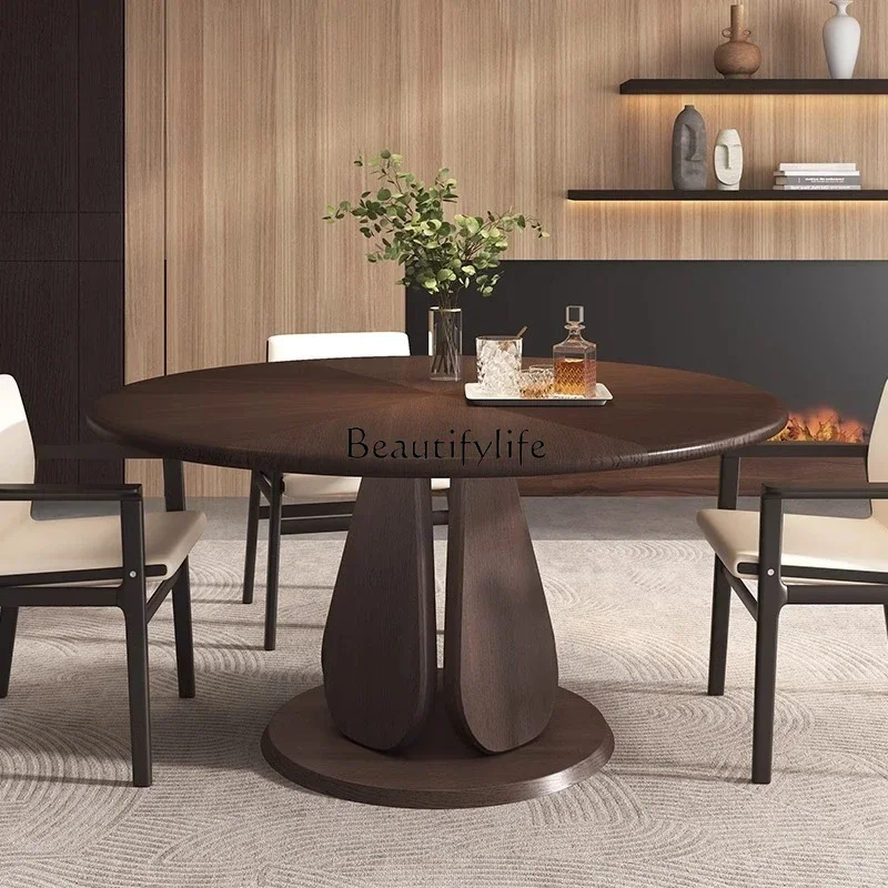 

02 High-end round dining table Italian minimalist smoked oak with rock slab turntable light luxury