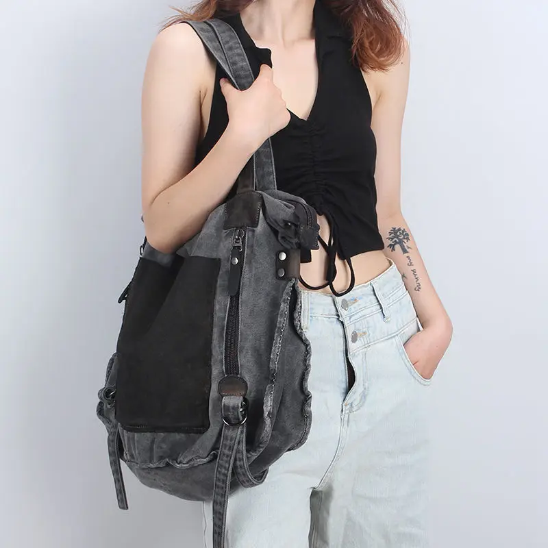 Canvas Cowhide Tote Bag Stitching Belt Decoration Large-capacity Shoulder Bag Retro European And American Fashion Messenger Bag