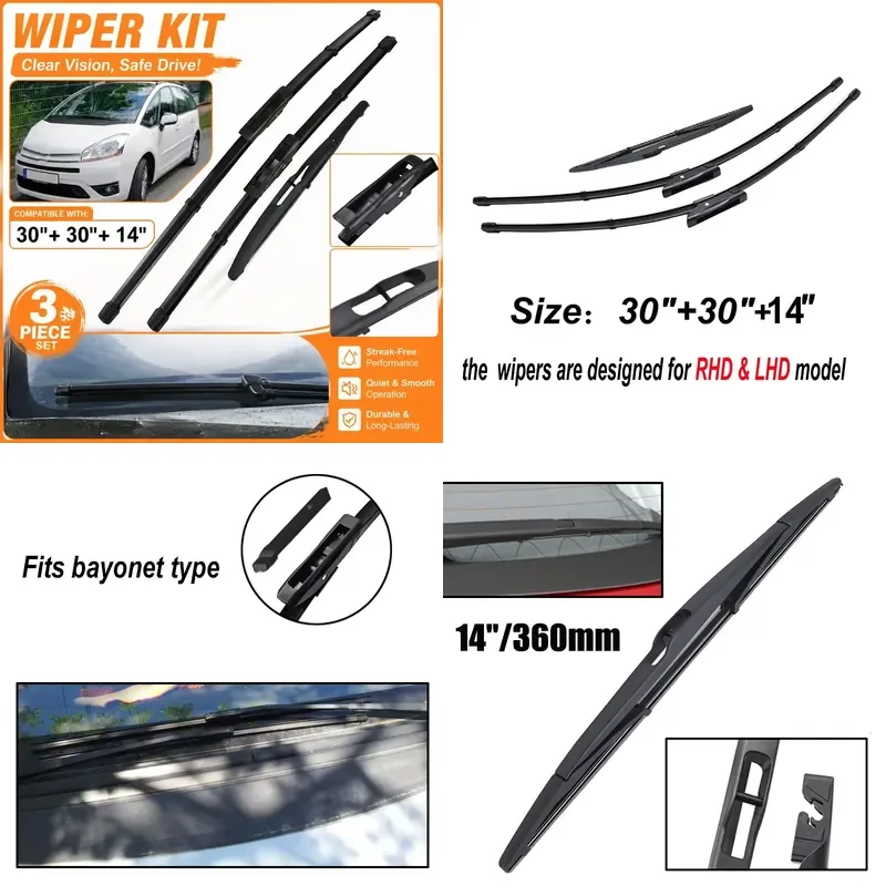 For Citroen C4 Grand Picasso C4 Picasso I 2008-2013 Erick's Front Rear Windshield Wiper Blades Set 30+30+14 Inch Auto