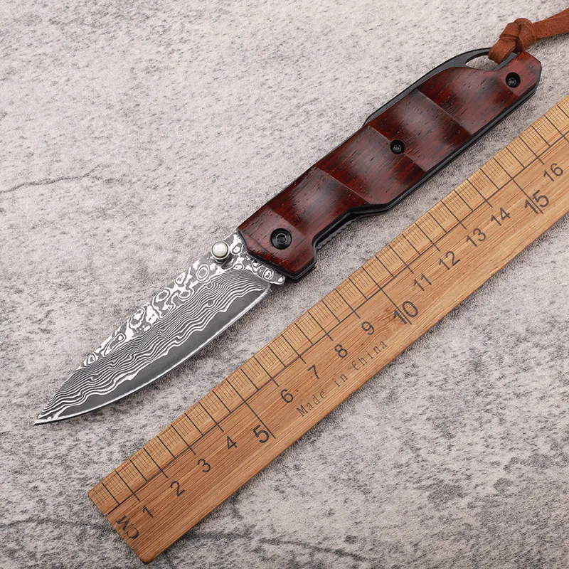 

VG10 Damascus Steel Folding Knife Bamboo Grain Wood Handle Outdoor Camping Utility Knives Military Self Defense EDC Tool for Men