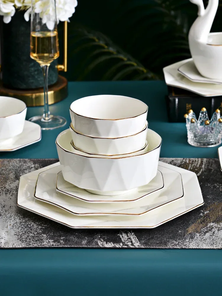 بسيطة الذهبي تقليم تانغشان السيراميك العظام الصين هووسورمينغ ضوء أدوات المائدة الفاخرة مجموعة من الأطباق والأطباق مزيج #2