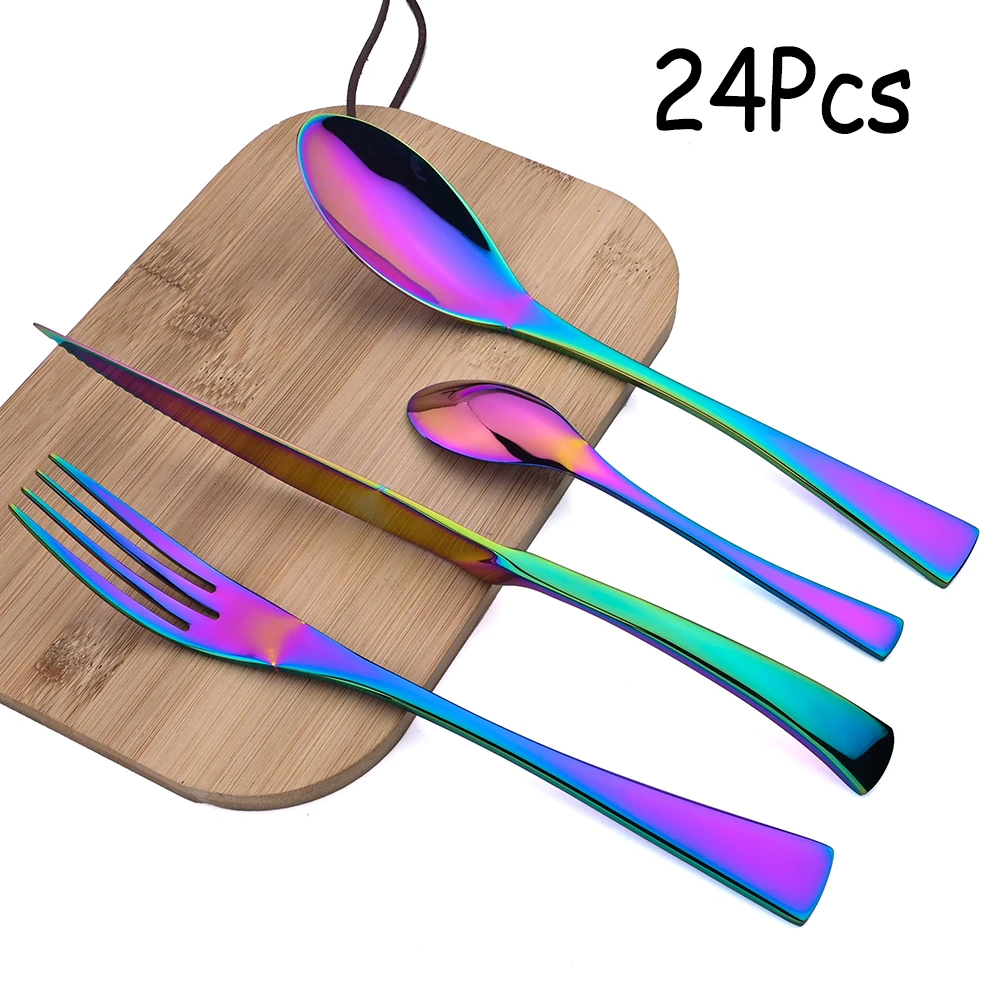 

AJOYOUS 24Pcs Flatware Sets Stainless Steel Dinnerware Fork Steak Knife Spoon Tableware Kitchen Flatware Silverware Bright Set