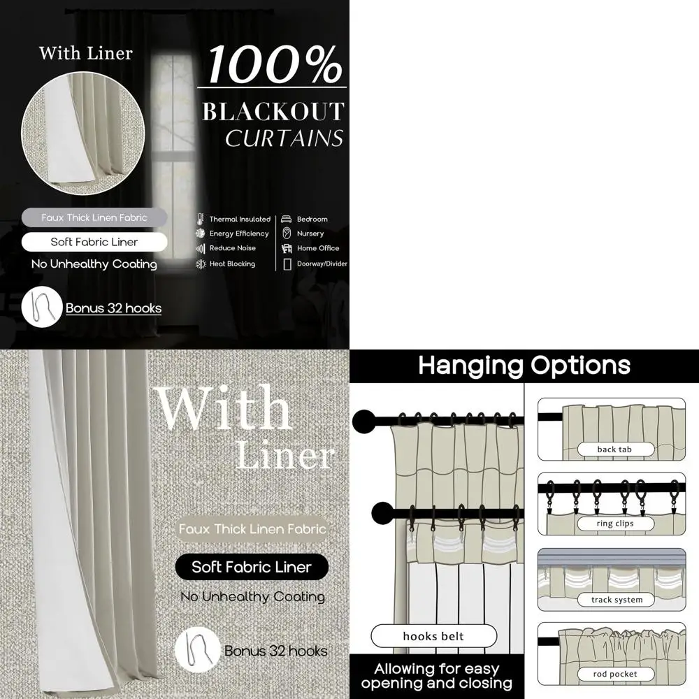 

Vintage Oatmeal Pleated Farmhouse Curtains, 108 Long, 2-Panel Set for Living & Dining Rooms, Blackout Style