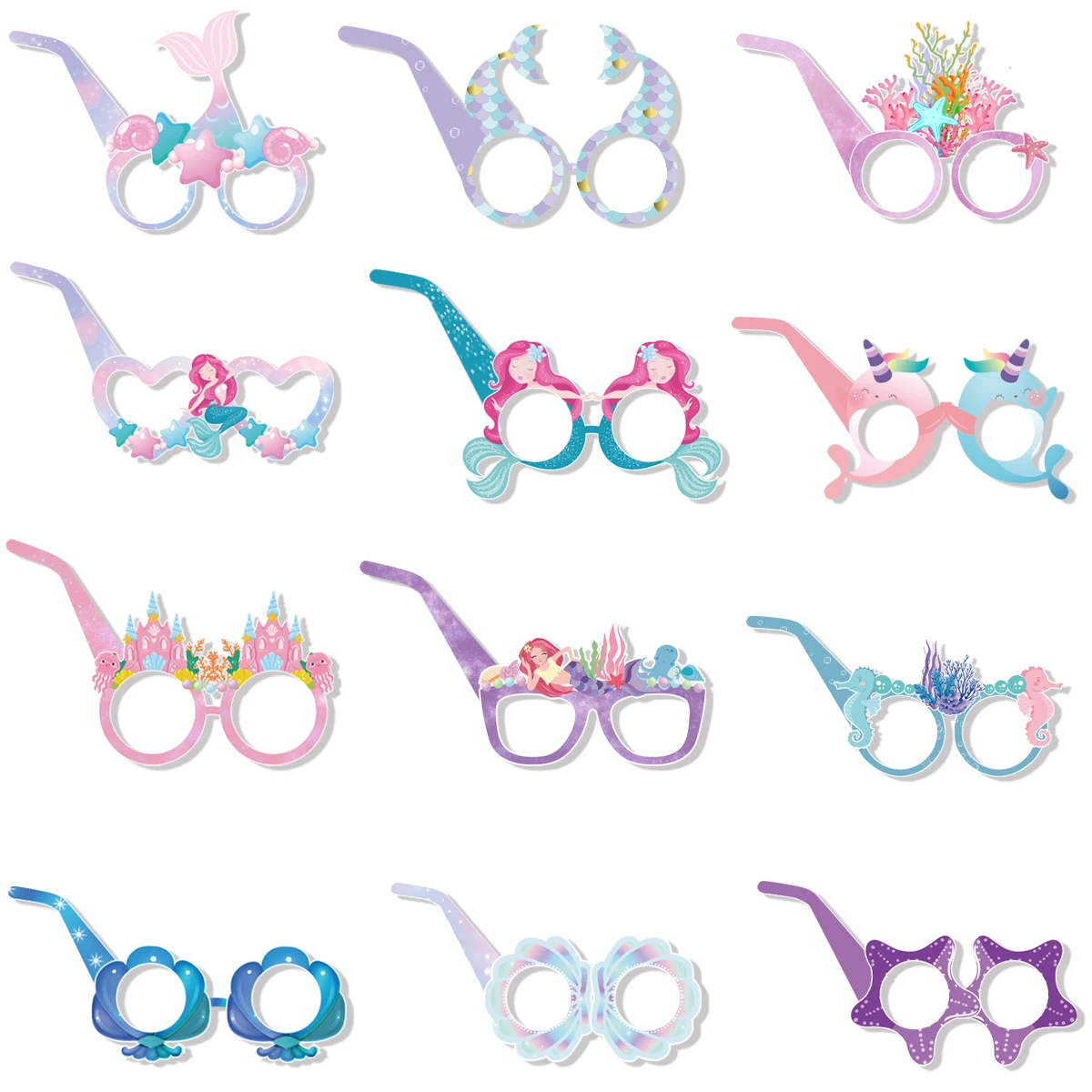 6/12pcs Mermaid Party Paper Glasses Frame Cartoon Mermaid Glasses Girls Birthday Party Gift Under The Sea Theme party Supplies