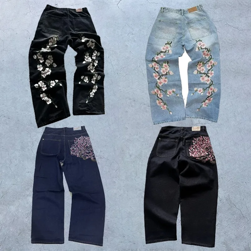Pantalones vaqueros holgados Harajuku Hip Hop Y2K gótico flor de ciruelo bordado pantalones vaqueros de alta calidad mujeres hombre estilo americano hombres mujeres ropa de calle