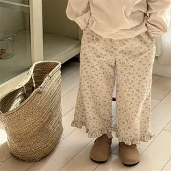 2025 Spring New Girls Cotton Cropped Floral Print Pants Girl Corduroy Casual Beige Blue Gray Print Trousers Legs