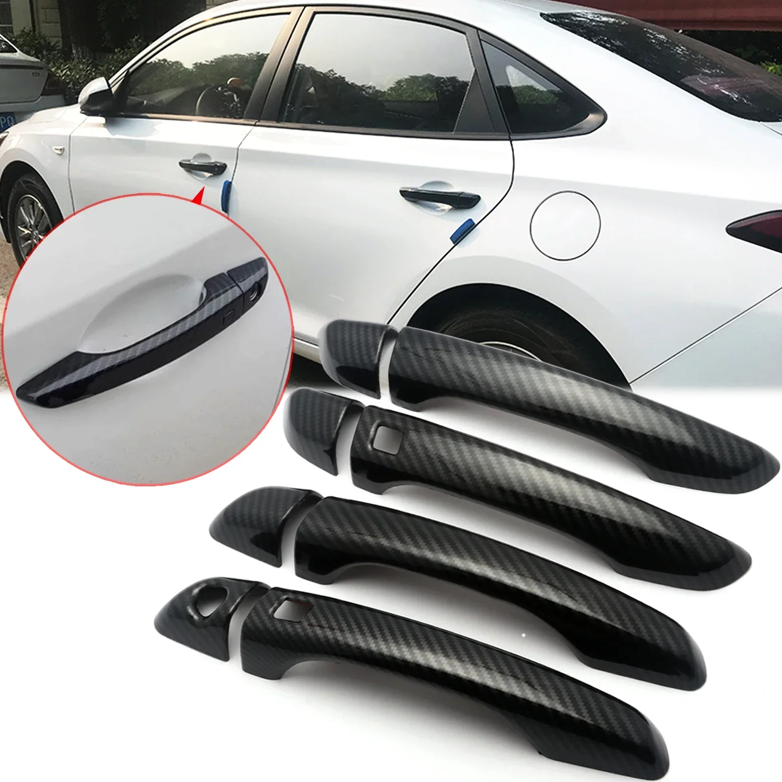 1 Set Carbon Fiber Texture Exterior Door Handle Cover Molding Trims w/ Keyless Entry For Hyundai Elantra 2017 2018 2019 2020