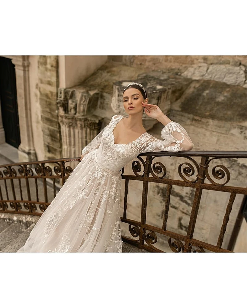 Elegante una linea abiti da sposa in pizzo pieno scollo A V maniche lunghe lunghezza del pavimento abiti da sposa Vintage per la sposa abiti su misura