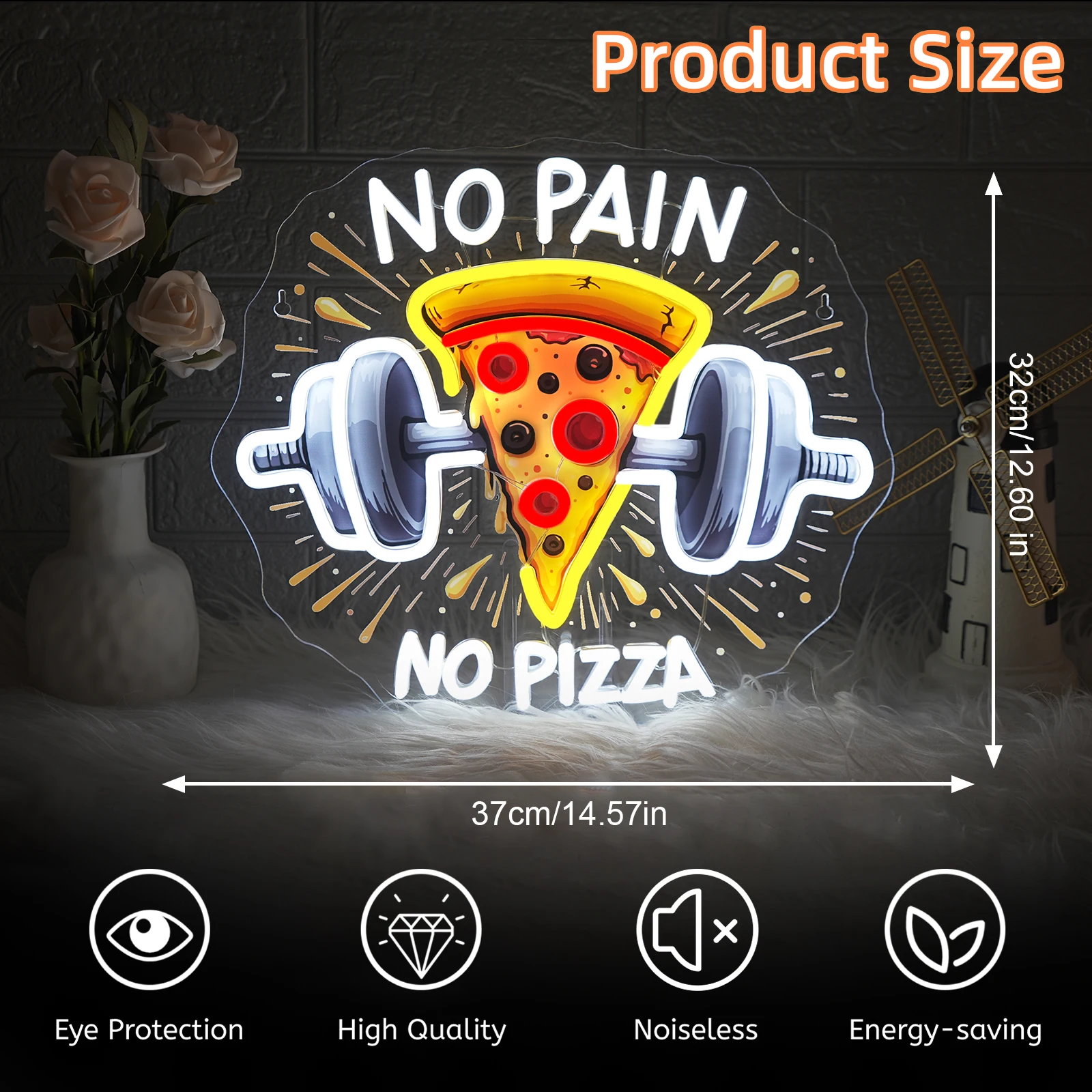 الصالة الرياضية النيون لا ألم لا البيتزا الأشعة فوق البنفسجية المطبوعة علامات ل جدار ديكور عكس الضوء الدمبل الحديد اللياقة البدنية نادي هدية للمراهقين غرفة الرياضة