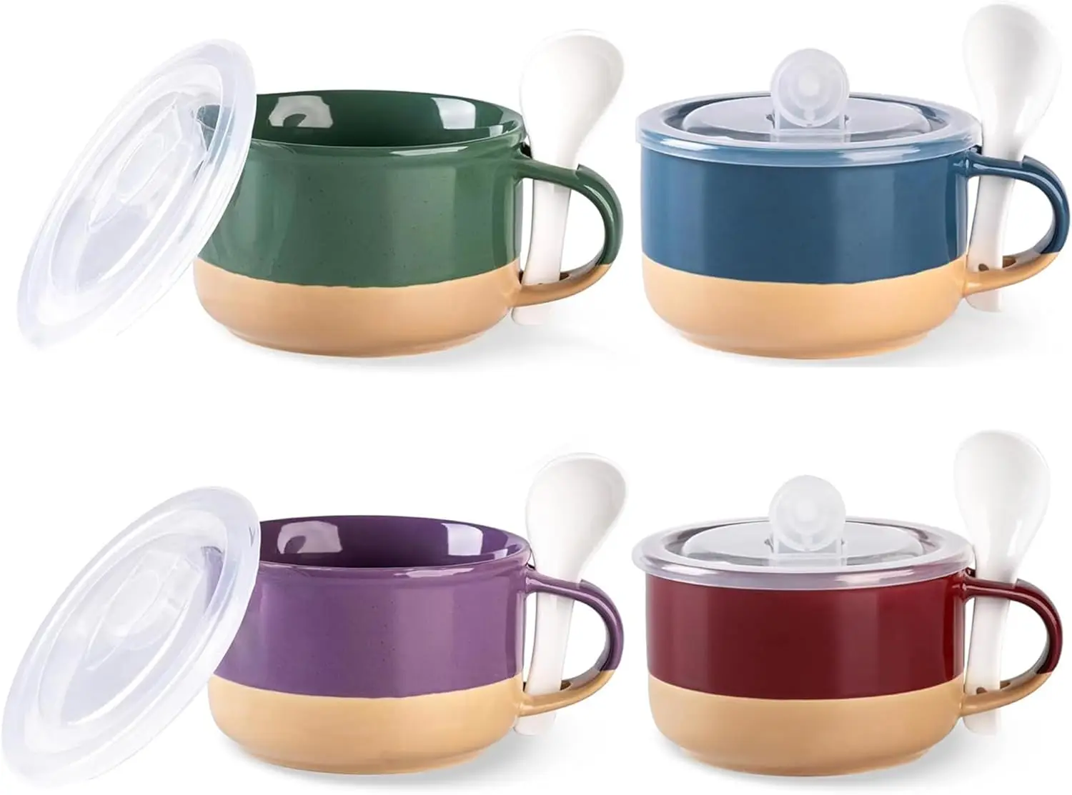 

Ceramic Soup Mugs with Handles and Lids,24 OZ Soup Cups Set of 4 with Terracotta Underside,Mug Bowls with Spoon for Sou