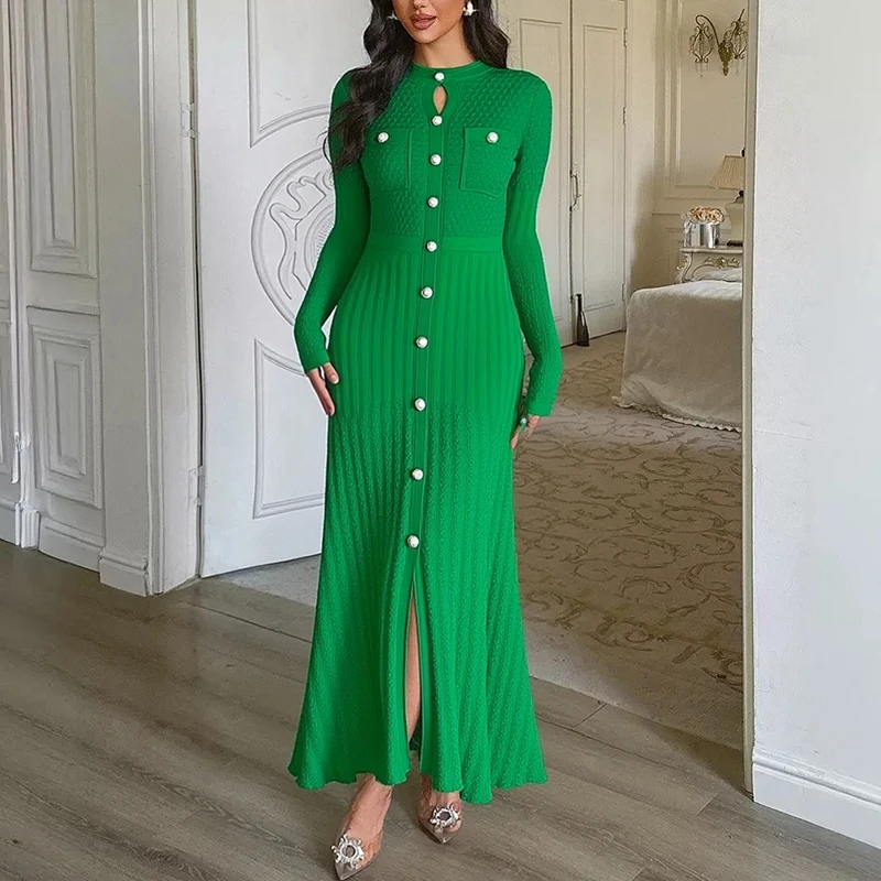 YuooMuoo Merk Mode Vrouwen Gebreide Maxi Jurk 2025 Nieuwe Esthetische Y2K Single-breasted Shirt Trui Jurk Lady Party vestidos