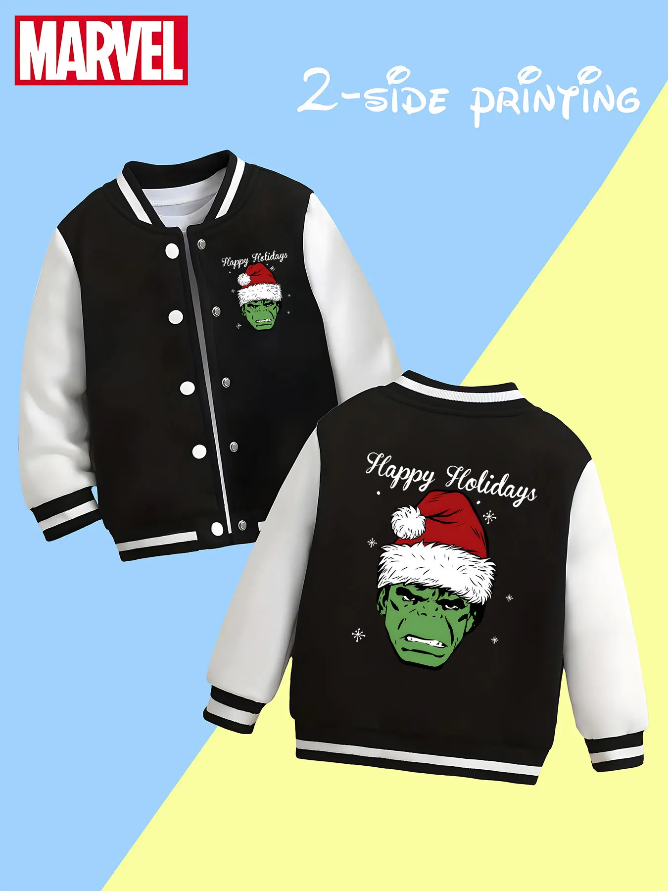 

MINISO Marvel Hulk Christmas Boys Baseball Jacket - Hulk wearing a Christmas hat, "Happy Holidays" conveys the festive atmospher