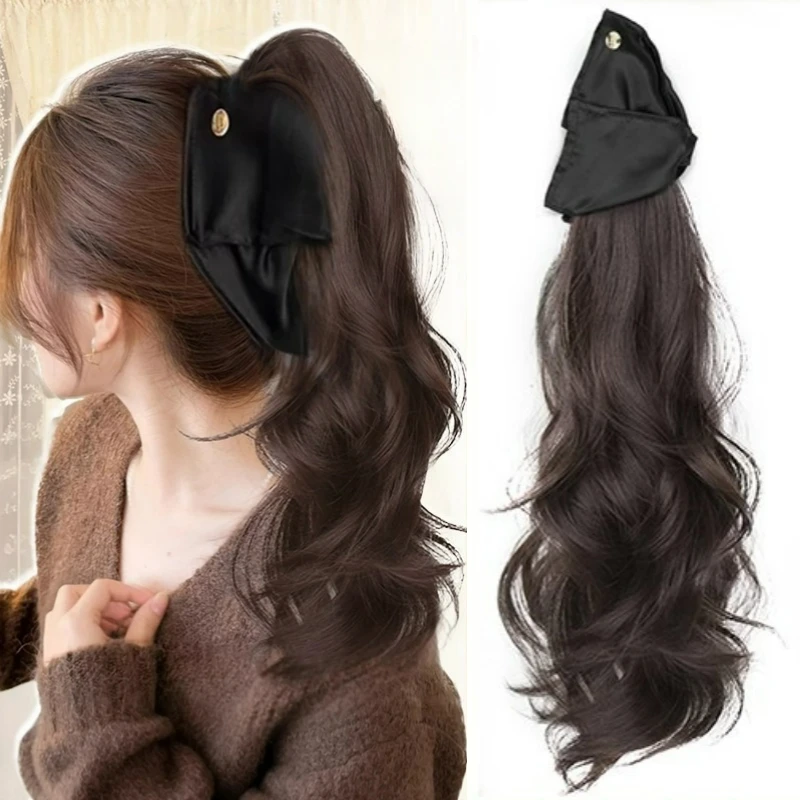 Long Curly Synthetic Ponytai Hair Extension With New Triangle Satin Ribbon Fluffy Claw Clip Ponytail Hair Accessories for Daily