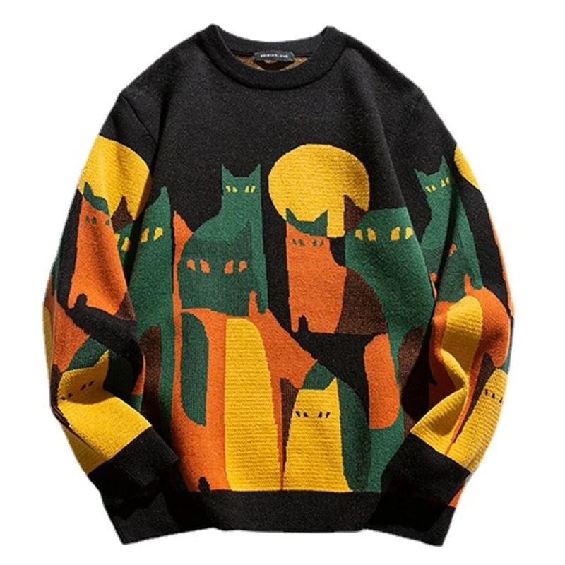 2024 Autumn Harajuku Knitted Sweater Men Women Winter Cartoon Full Cat Print Pullover Vintage Causal Loose Sweaters Streetwear