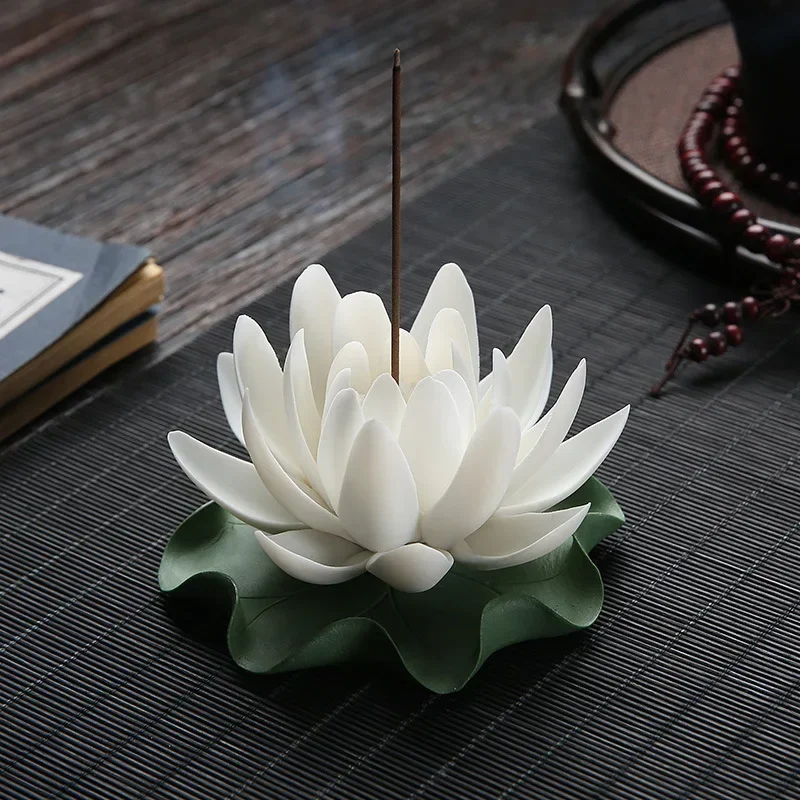 Handmade Water Lilies Incense Burner Ceramic Sandalwood Incense Stick Holders Zen Living Room Decorations Optional Lotus Bottom